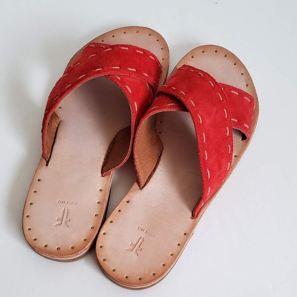 New FRYE Avery 5.5 - 6 Leather Suede Sandals Flat Slide Slip-on Contrast Stitch - Picture 6 of 13